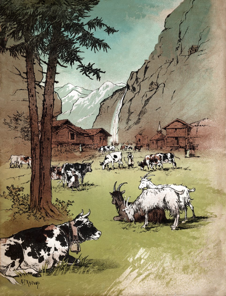 Maatila ja maisema Sveitsin Alpeilla, noin 1910 (kuva) tekijältä Gustave Fraipont