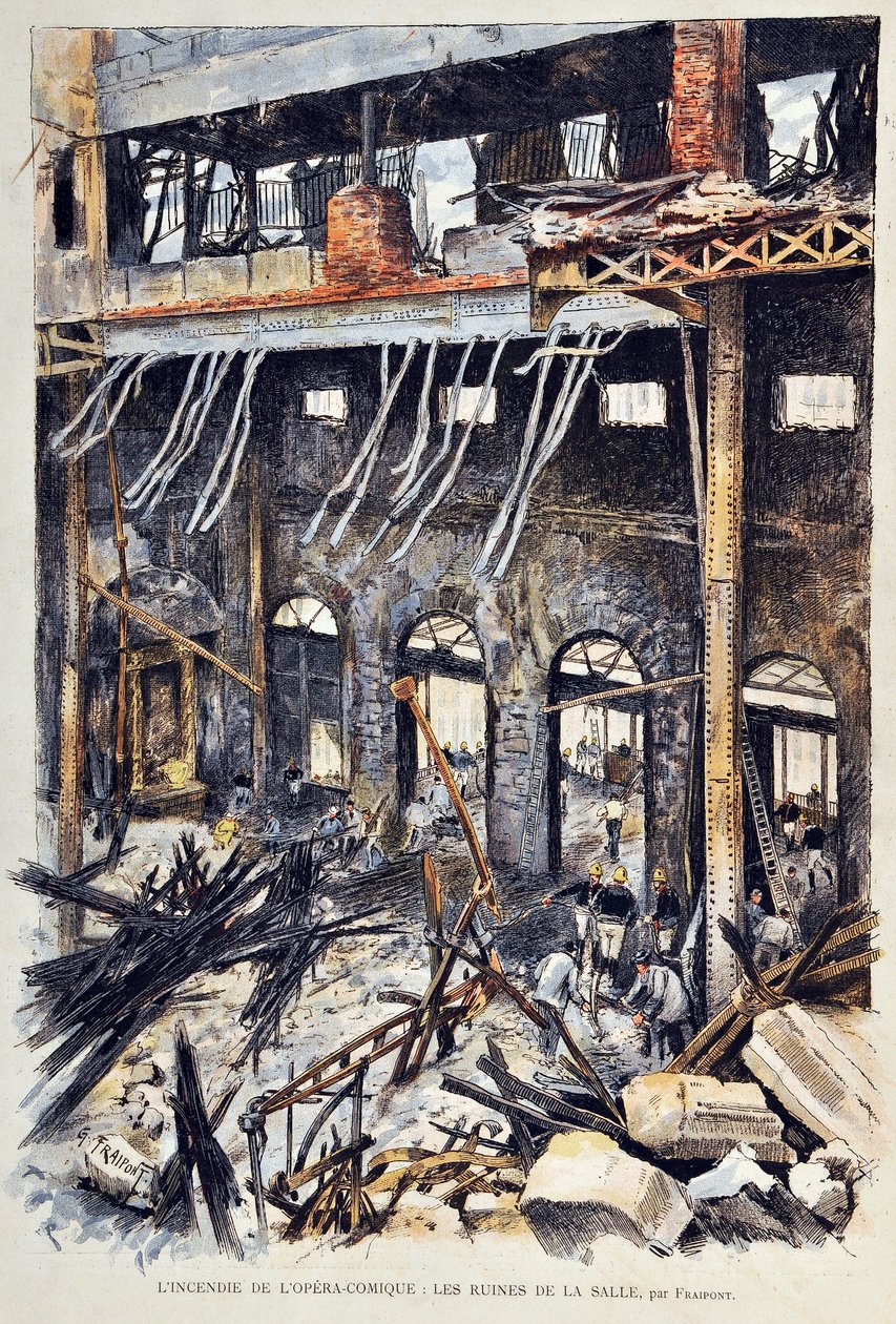 Opera Comiquen (Opera-Comique) tulipalo Pariisissa 25. toukokuuta 1887 Ambroise Thomasin Mignonin ensimmäisen näytöksen esityksen aikana. Sisäiset rauniot. Kuvitus Gustave Fraipont (1849 -1923) Kaiverrus vuodelta 1887 "" Paris-Illustrous Journal Weeklyssä" tekijältä Gustave Fraipont