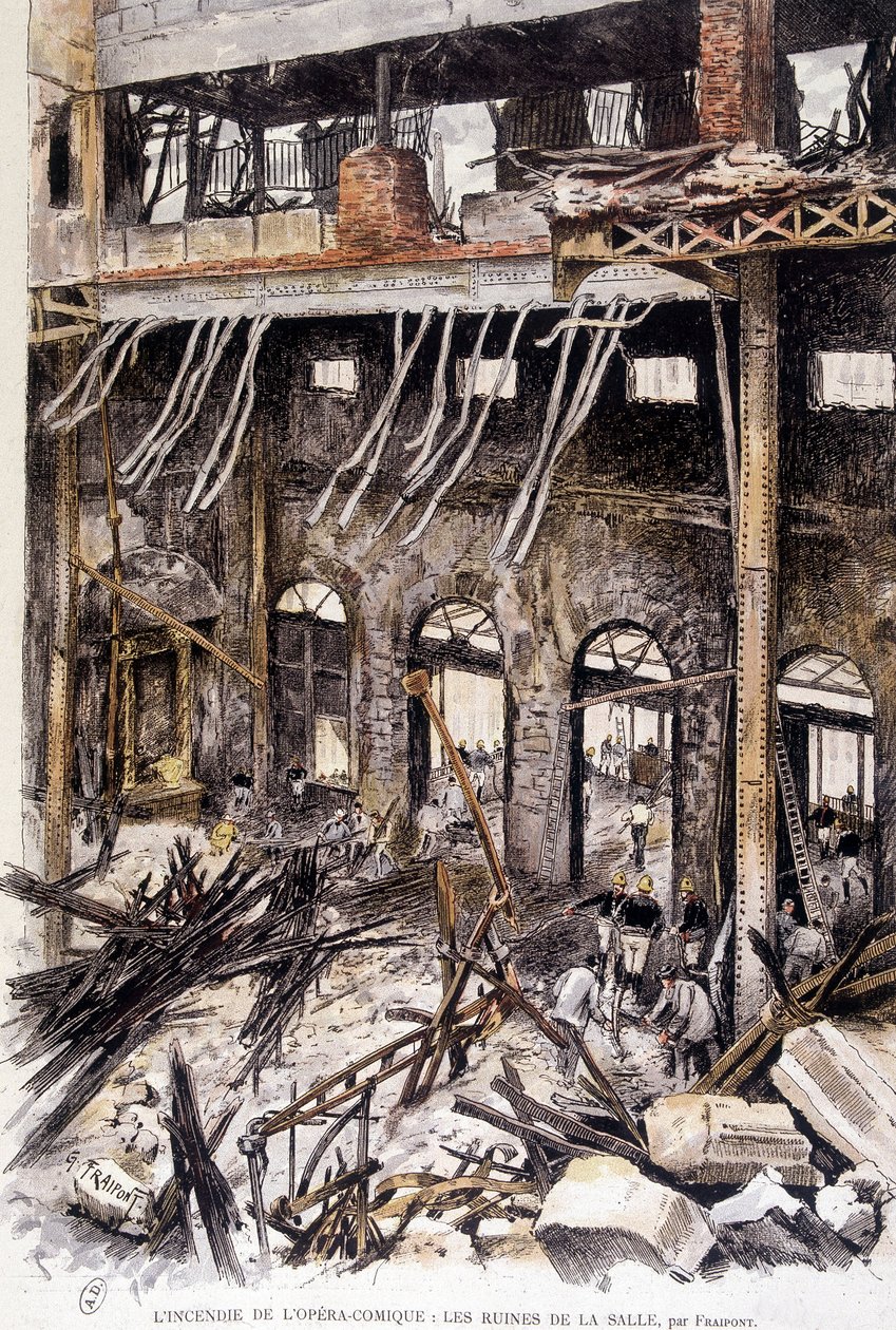 Palomiehet työskentelevät Opera comique de Parisin huoneen raunioissa tulipalon jälkeen, Fraipont tekijältä Gustave Fraipont