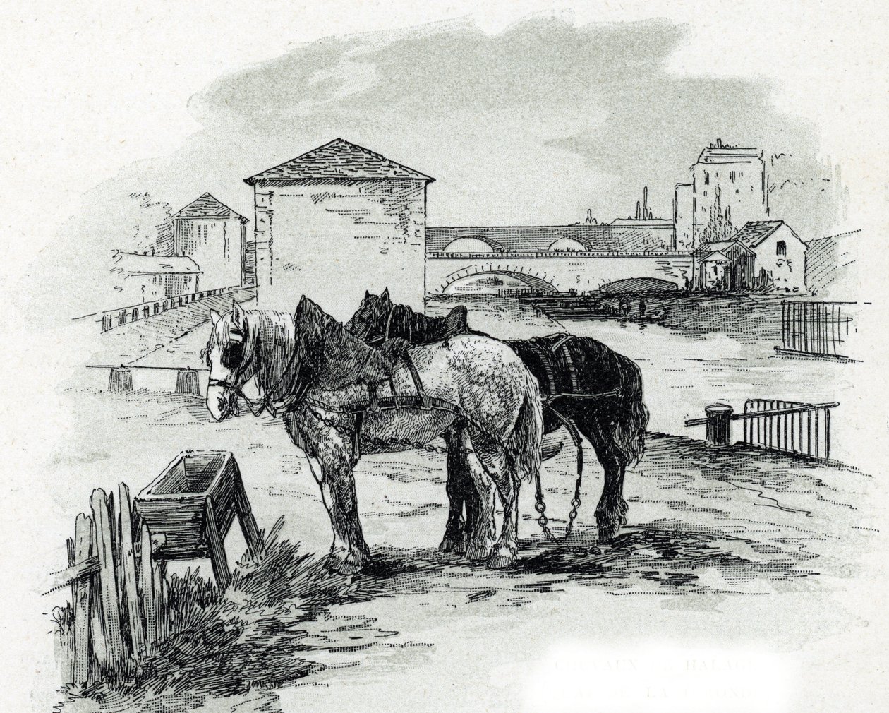 Horses de haulage, quai de la Gironde, Villette (Hevoset, joita käytetään veneiden hinaamiseen Saint-denis-kanavalla, quai de la gironde, Villette Paris) Gustave Fraipontin (1849-1923) piirustus Saint-Juirsista tekijältä Gustave Fraipont