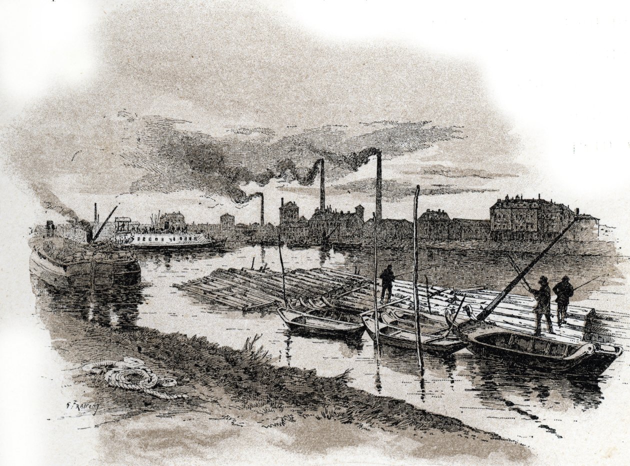 Ivry sur Seine, puujunat (koskenlaskua Seine-joella, Ivry-sur-Seine) Gustave Fraipontin (1849-1923) piirustus Saint-Juirsin teoksesta "La seine a travers Paris" tekijältä Gustave Fraipont