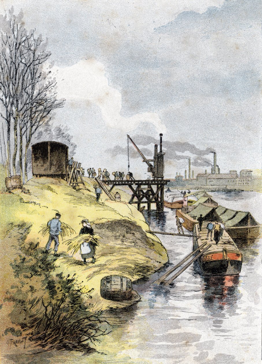 Dockers lastaamassa omenoita autoihin Quai de Bercyllä, Pariisi Gustave Fraipontin (1849-1923) piirustus Saint-Juirsin teoksesta "La seine a travers Paris" tekijältä Gustave Fraipont