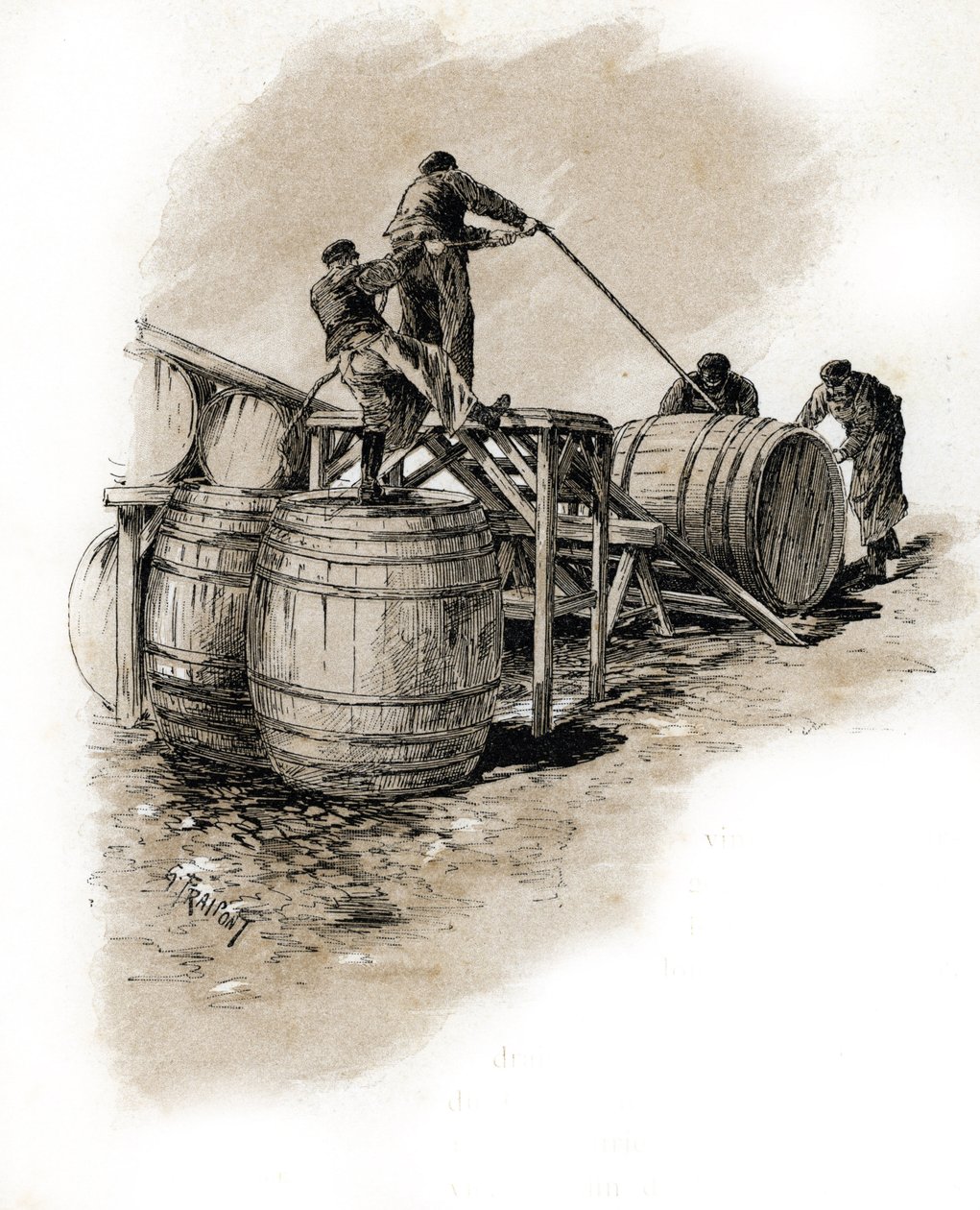Le stacking des tonneaux de vin, Bercy Paris (Dokkerit panostamassa viinitynnyreitä, Bercy, Paris) Gustave Frainpontin (1849-1923) piirustus on peräisin Saint-Juirsin teoksesta "La seine a travers Paris" tekijältä Gustave Fraipont