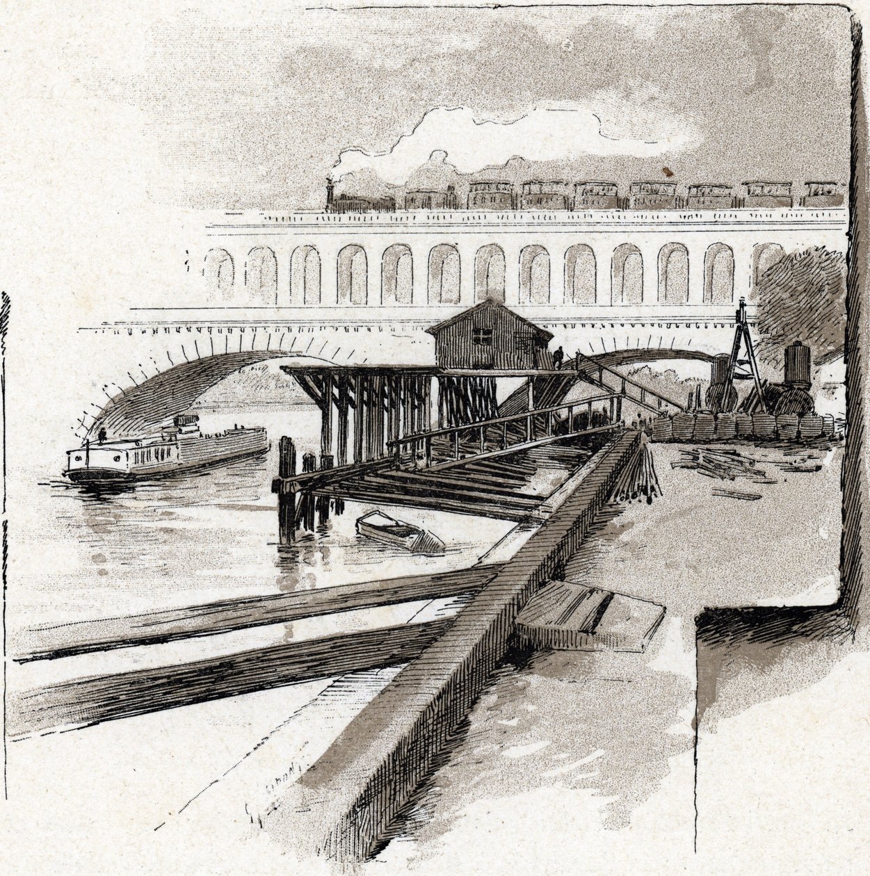 Le viaduct du point du Jour, Boulogne-Billancourt (näkymä Point du jour -alueen maasiltasillalle, Boulogne Billancourt) Gustave Fraipontin (1849-1923) piirustus Saint-Juirsista tekijältä Gustave Fraipont