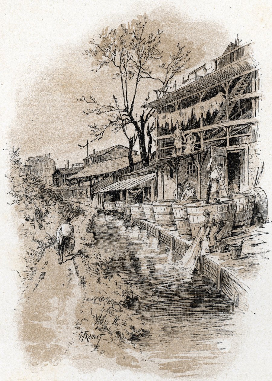 Megisseries rue du pot-au-lait -kadulla Pete Gentillyn alueella Bievren rannalla Pariisissa (Näkymä Bievre-joelle ja nahkatawing (tawering) -kojut Pete Gentillyn alueella, Pariisi) Piirustus Gustave Fraipont (1849) -1923) Sainilta tekijältä Gustave Fraipont