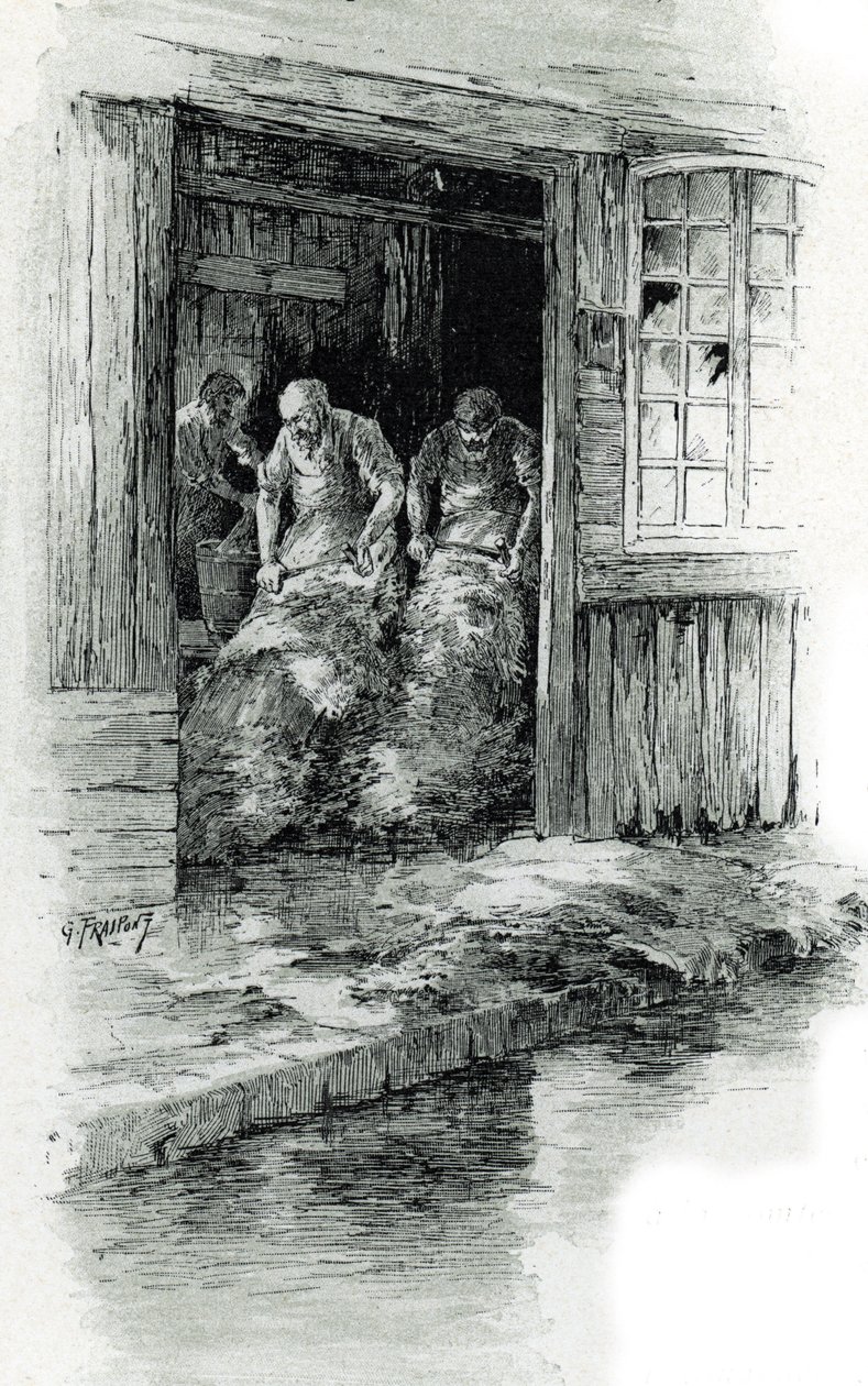 Megissiers de la rue des gobelins Pariisissa (Rue des Gobelins -kadulla, Pariisin parittajat työskentelevät nahkojen ja eläinten nahat) Gustave Frainpontin (1849-1923) piirustus on Saint-Juirsin teoksesta "La seine a travers Paris" tekijältä Gustave Fraipont