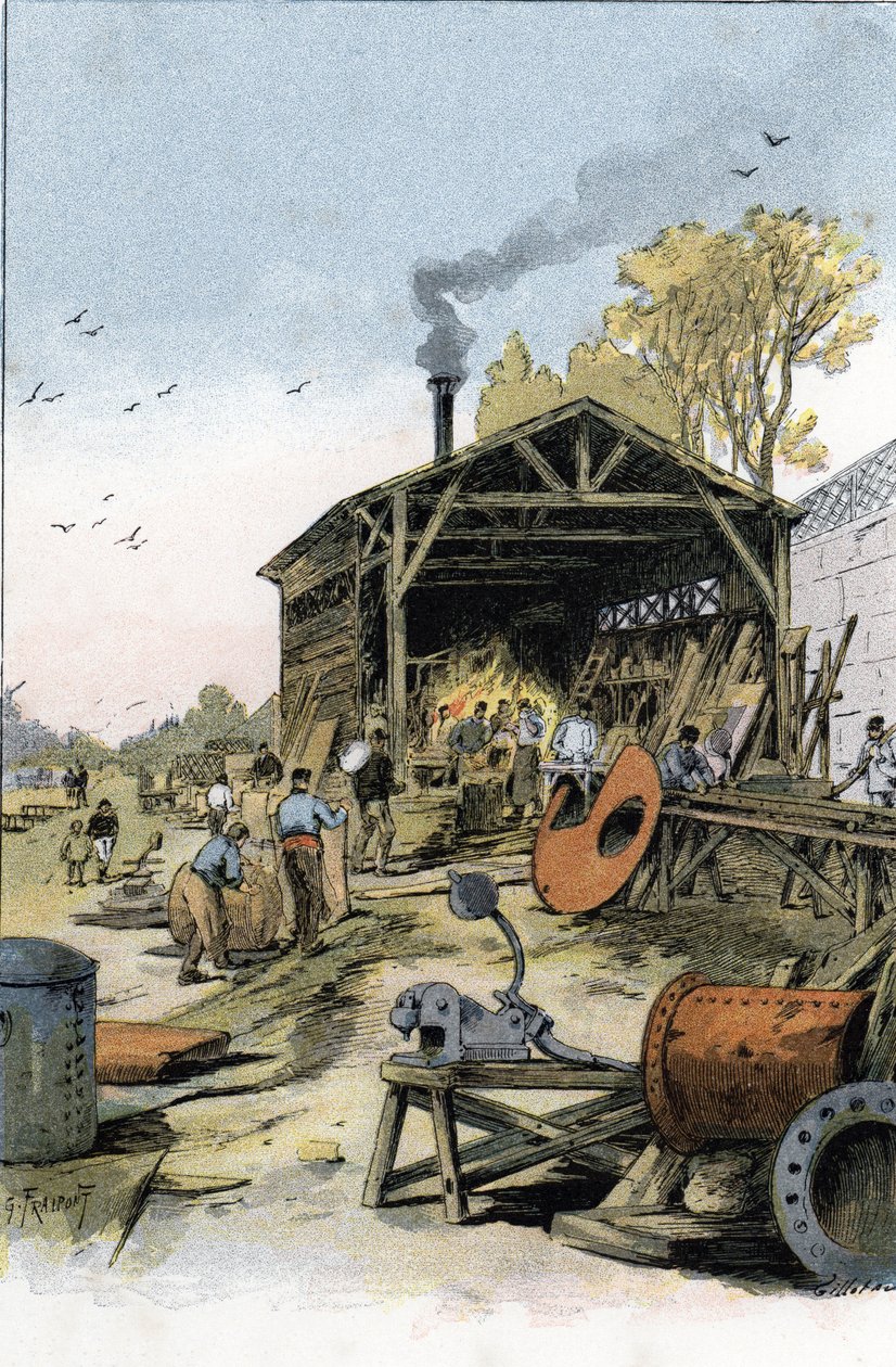 Veneiden korjaukset Point du Jourin takomossa lähellä Boulogne-Billancourtia (Veneitä ja proomuja korjataan Point du jourin takomossa lähellä Boulogne Billancourtia, Pariisi) Gustave Fraipontin (1849-1923) piirustus perustuu "La seine a travers Paris" " ki tekijältä Gustave Fraipont