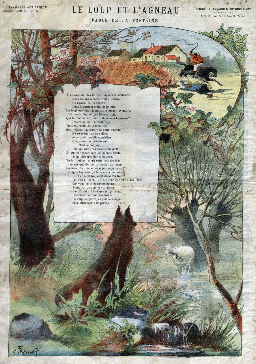Susi ja lammas. Jean de La Fontainen (1621-95) sadut. Kuvitus Gustave Fraipont (1849 -1923). Yksityinen kokoelma. tekijältä Gustave Fraipont