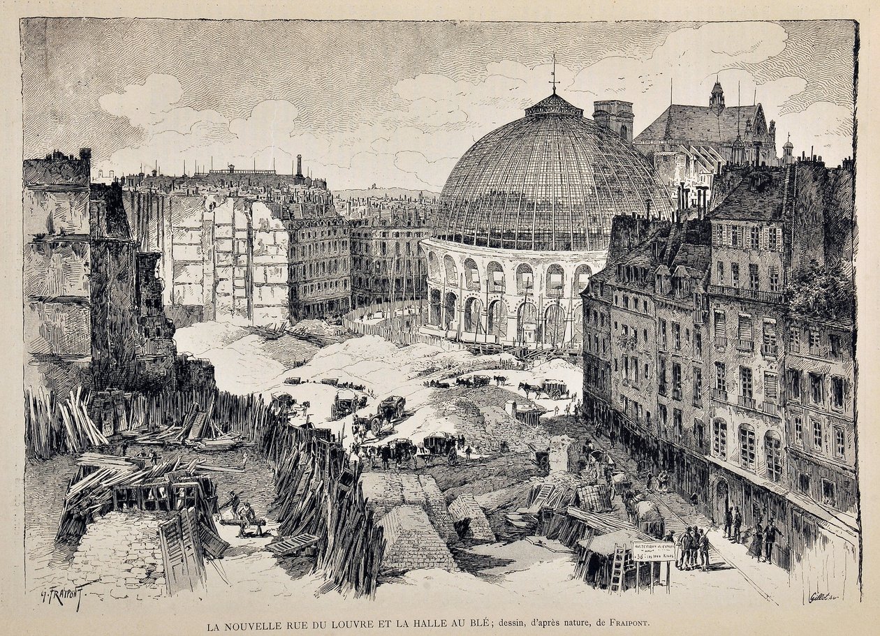 Uusi Rue du Louvre ja Halle au Ble Pariisissa vuonna 1887. Gustave Fraipontin (1849 - 1923) kuvitus. Kaiverrus vuodelta 1887 "" Paris-Illustrous Journal -viikkolehdessä"". tekijältä Gustave Fraipont
