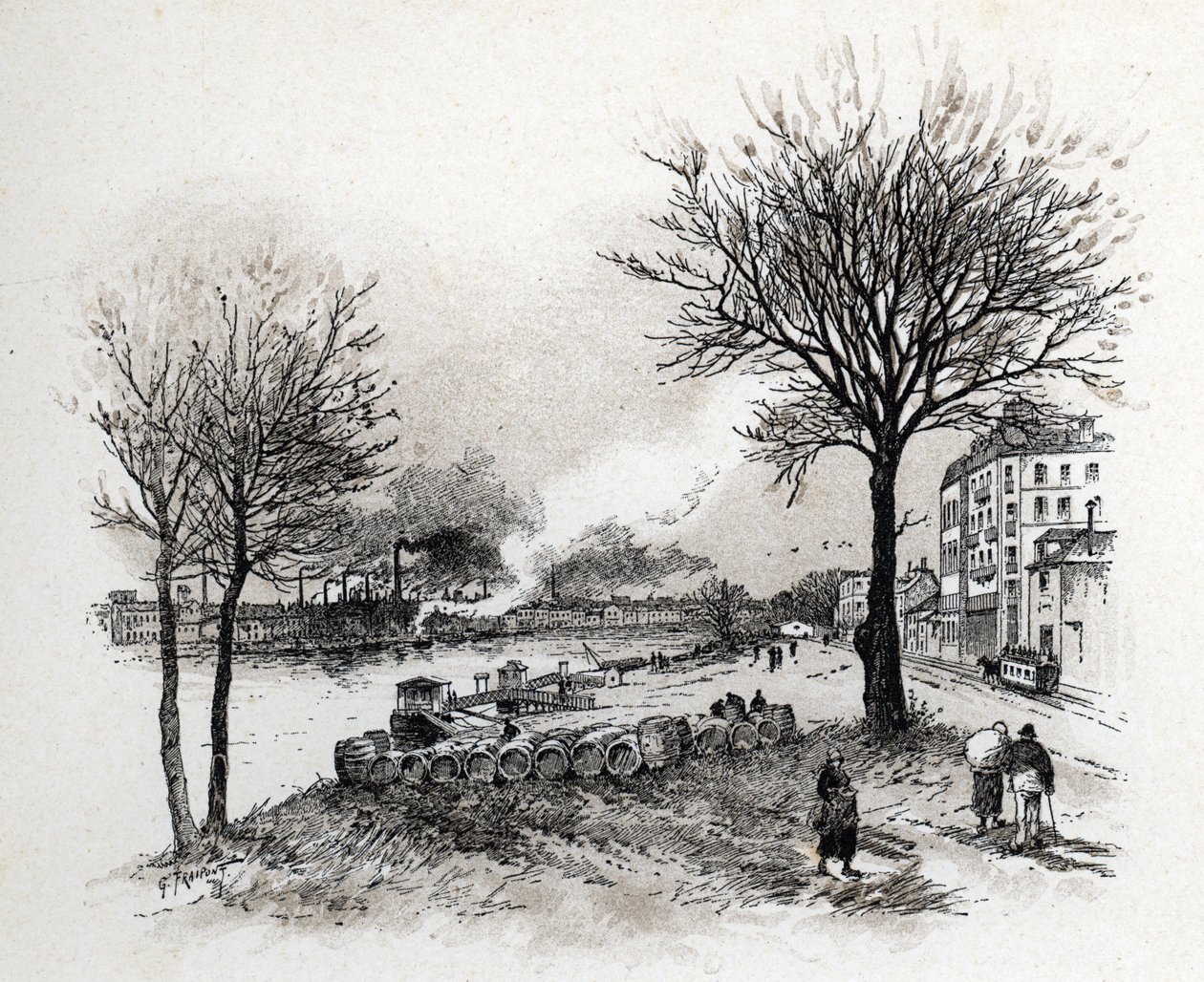 Näkymä Ivry sur Seinen (Ivry-sur-Seine) Gustave Fraipontin (1849-1923) piirustus Saint-Juirsista tekijältä Gustave Fraipont