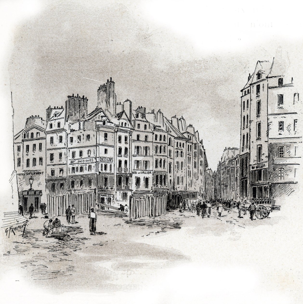 Näkymä Place Maubert, Pariisi Gustave Fraipontin (1849-1923) piirustus Saint-Juirsin teoksesta "La seine a travers Paris" tekijältä Gustave Fraipont