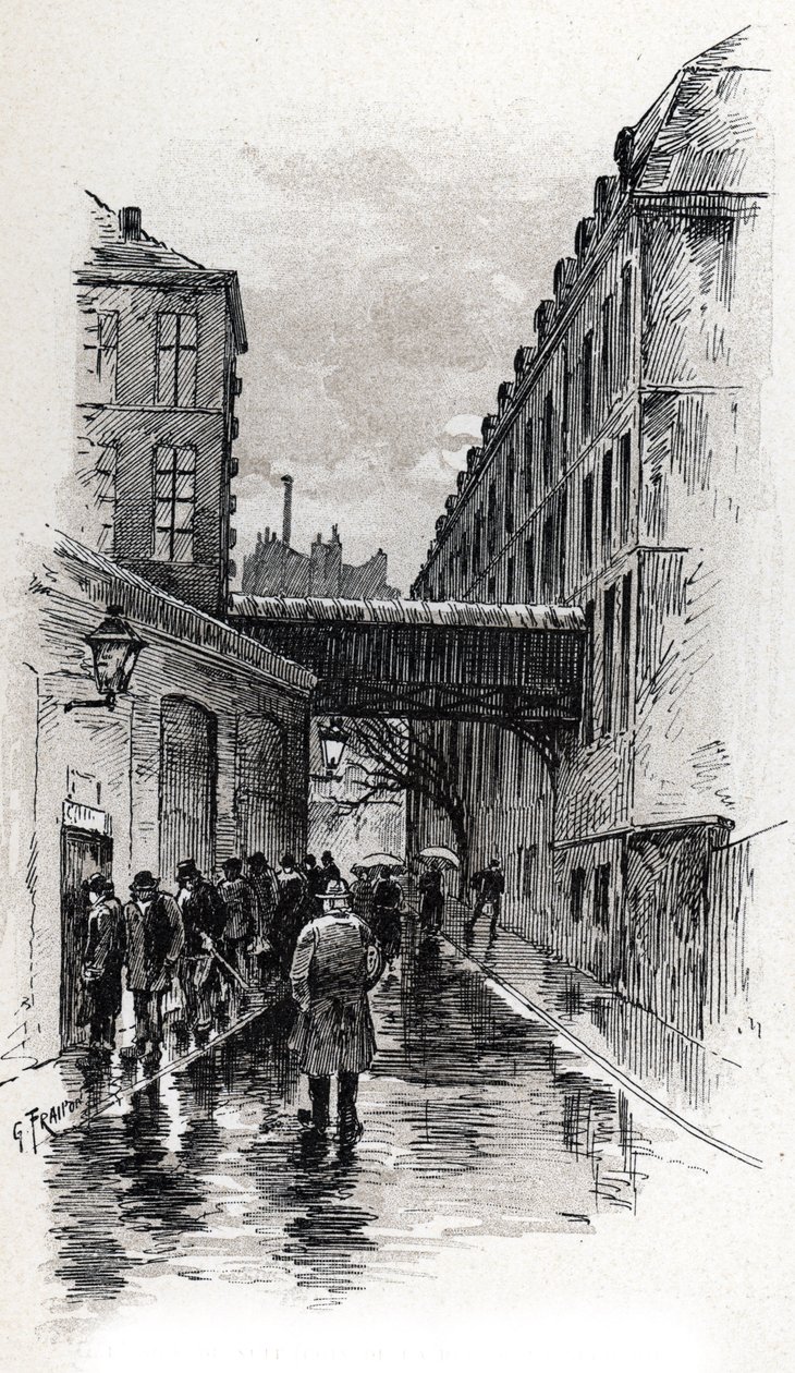 Näkymä flophousesta (doss-house tai doss house) rue de la Bucheriella Maubertin alueella, Pariisissa Gustave Fraipontin (1849-1923) piirustus Saint-Jursista tekijältä Gustave Fraipont