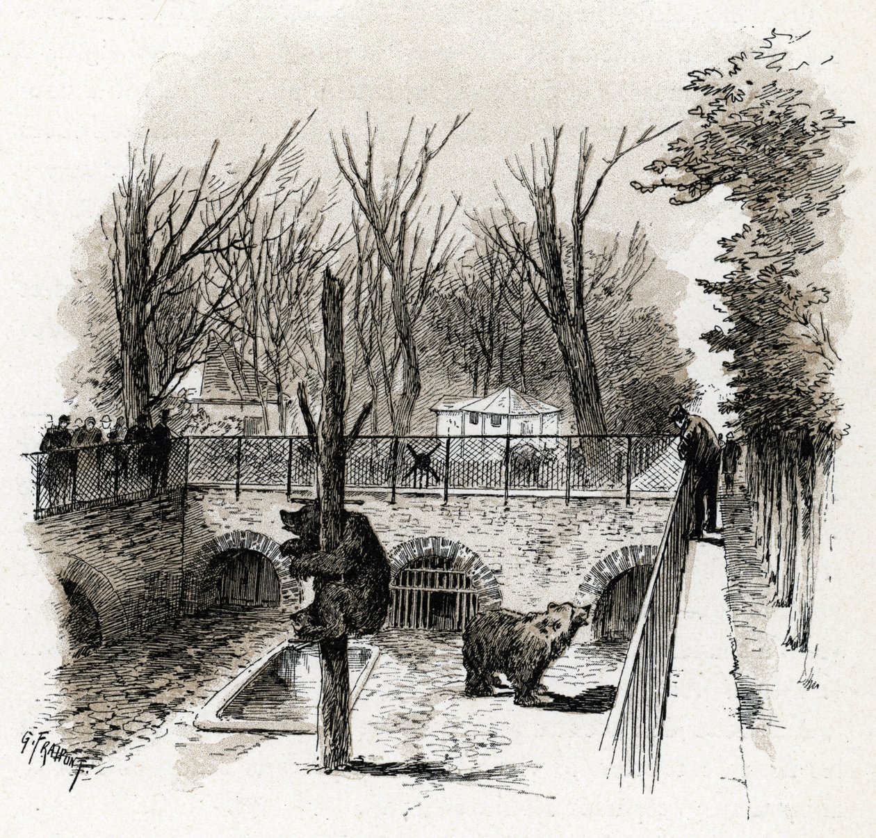 Näkymä karhukuopaan Zoo du Jardin des Plantesissa, Pariisi Gustave Fraipontin (1849-1923) piirustus Saint-Juirsin teoksesta "La seine a travers Paris" tekijältä Gustave Fraipont
