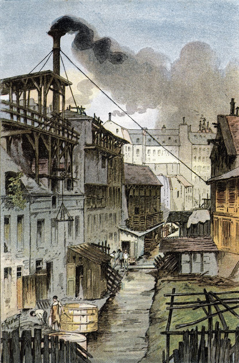 Näkymä Bievre-joelle Port Royal -bulevardilta, Pariisi Gustave Fraipontin (1849-1923) piirustus Saint-Juirsin teoksesta "La seine a travers Paris" tekijältä Gustave Fraipont