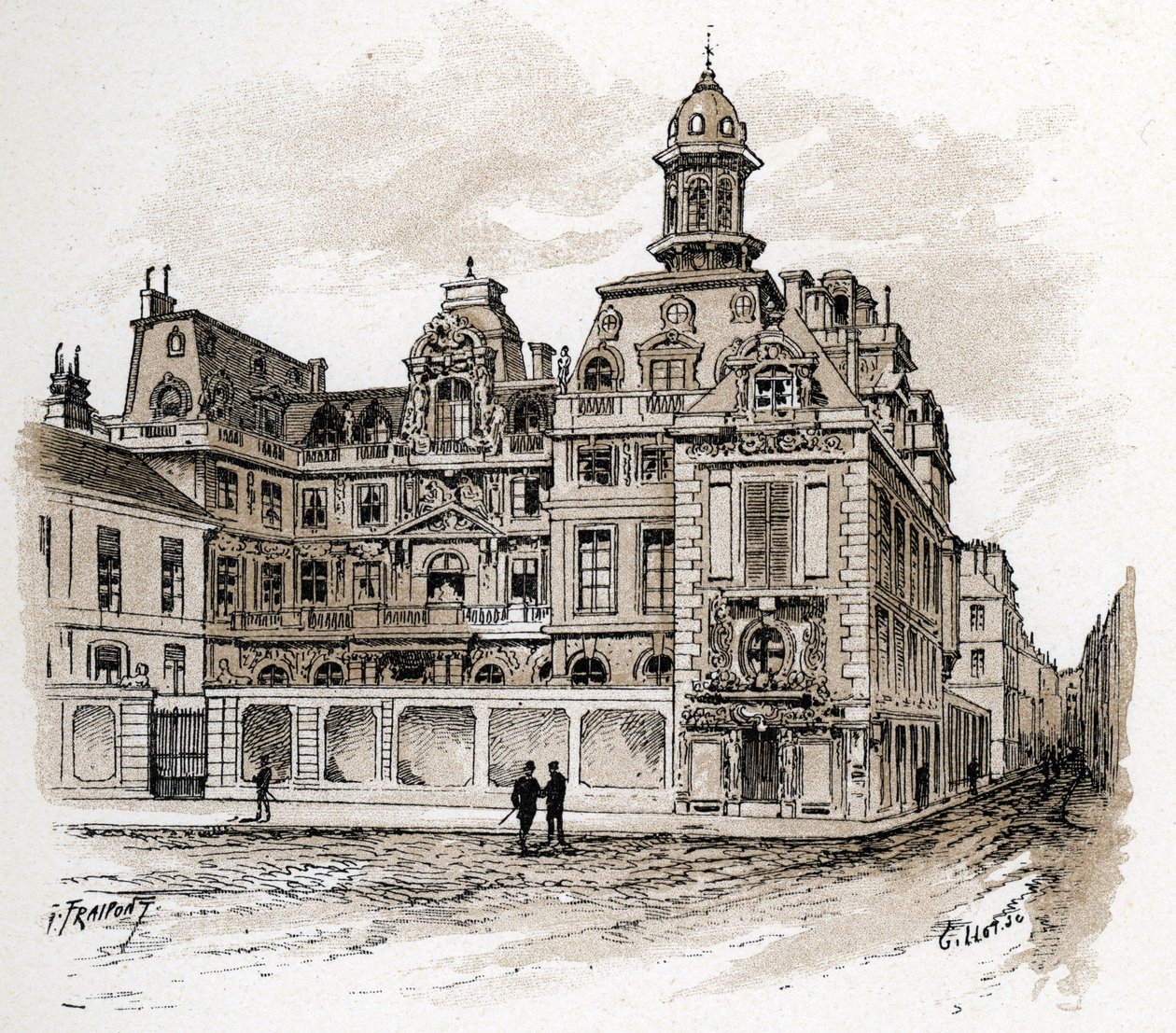 Vista do Hotel de la Valletta no Quai des Celestins, Paris (Vista do Hotel Valette no quai des Celestins, Paris) Desenho de Gustave Fraipont (1849-1923) baseado no “La seine a travers Paris” de Saint-Juirs finlandês tekijältä Gustave Fraipont