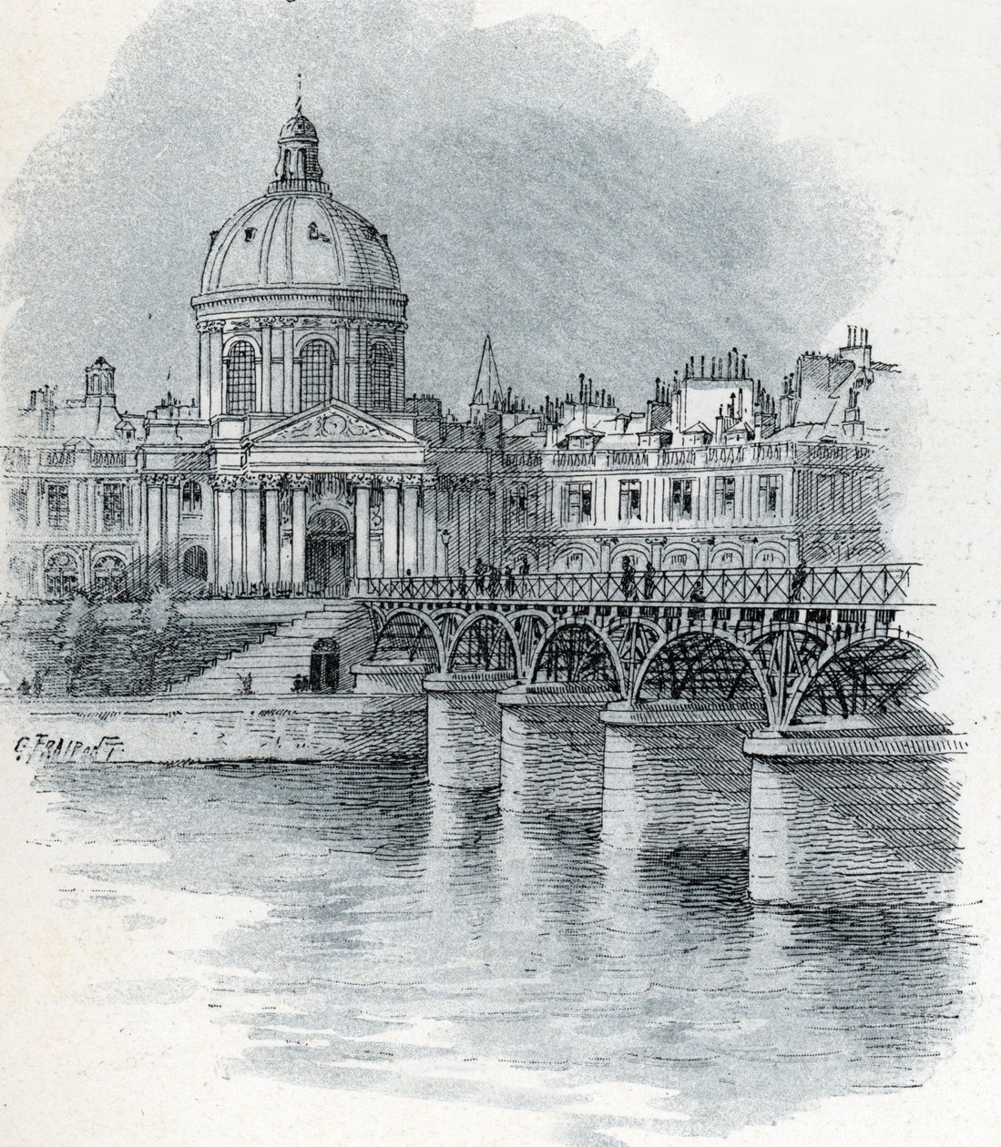 Näkymä Institut de Francelle ja Pariisin Pont des Arts -sillalle Gustave Fraipontin (1849-1923) piirustus on peräisin Saint-Juirsin teoksesta "La seine a travers Paris" tekijältä Gustave Fraipont