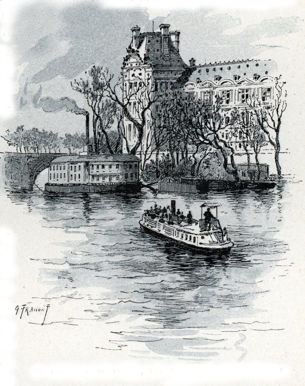 Näkymä Pavillon de Florelle, Palais du Louvre, Quai Voltairesta, Pariisista (Näkymä Louvren palatsin Pavillon de Flore -osaan quai Voltairesta, Pariisista) Gustave Fraipontin (1849-1923) piirustus Saint-Juirsista tekijältä Gustave Fraipont