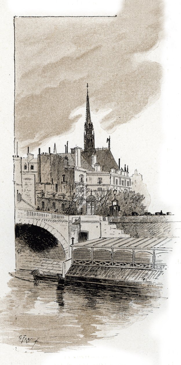 Näkymä Sainte-Chapellelle St Michelin sillalta, Pariisi (Näkymä Sainte-Chapellelle St Michelin sillalta, Pariisi) Gustave Fraipontin (1849-1923) piirustus on Saint-Juirsin teoksesta "La seine a travers Paris" tekijältä Gustave Fraipont