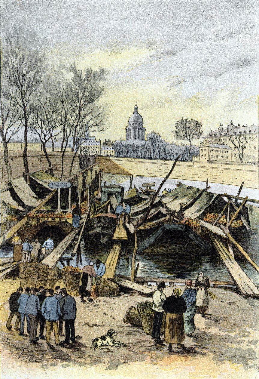 Näkymä omenatorista proomuilla Seine-joella, lähellä Hotel de Villeä, Pariisi. Gustave Fraipontin (1849-1923) piirustus Saint-Jursista tekijältä Gustave Fraipont