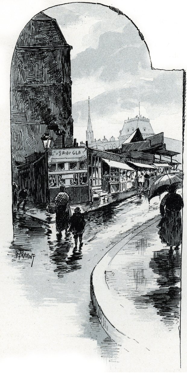 Näkymä brocanteureista rue de la bucherien kulmassa Pariisissa (Käytekaupat rue de la Bucherien varrella, Pariisi) Gustave Fraipontin (1849-1923) piirros piirtää Saint- Juirs tekijältä Gustave Fraipont