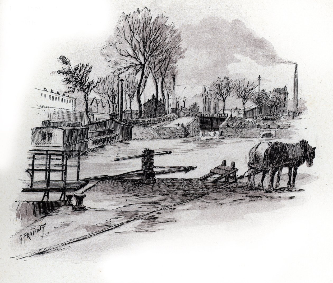 Näkymä Saint-Denis-kanavalle ja quai de la Gironde a la Villette, Pariisi (Näkymä Saint Denisin ja quai de la Gironden kanavalle Villetten alueella, Pariisi) Gustave Fraipontin (1849-1923) piirustus Saint-Juirsista tekijältä Gustave Fraipont