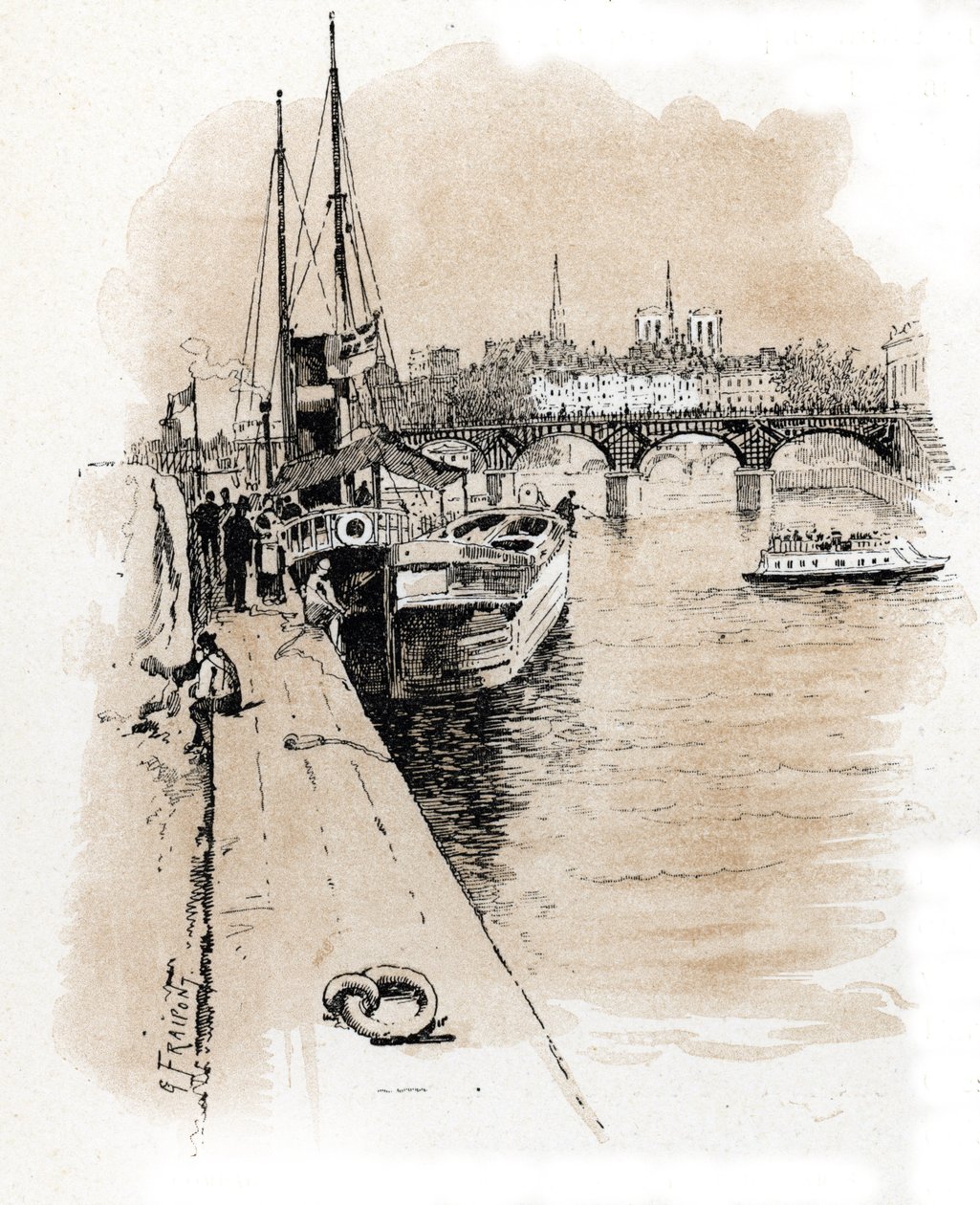 Vista da empresa Seine et Thames cujos barcos conectam Paris e Londres Desenho de Gustave Fraipont (1849-1923) baseado em “La seine a travers Paris” de Saint-Juirsfinnish tekijältä Gustave Fraipont