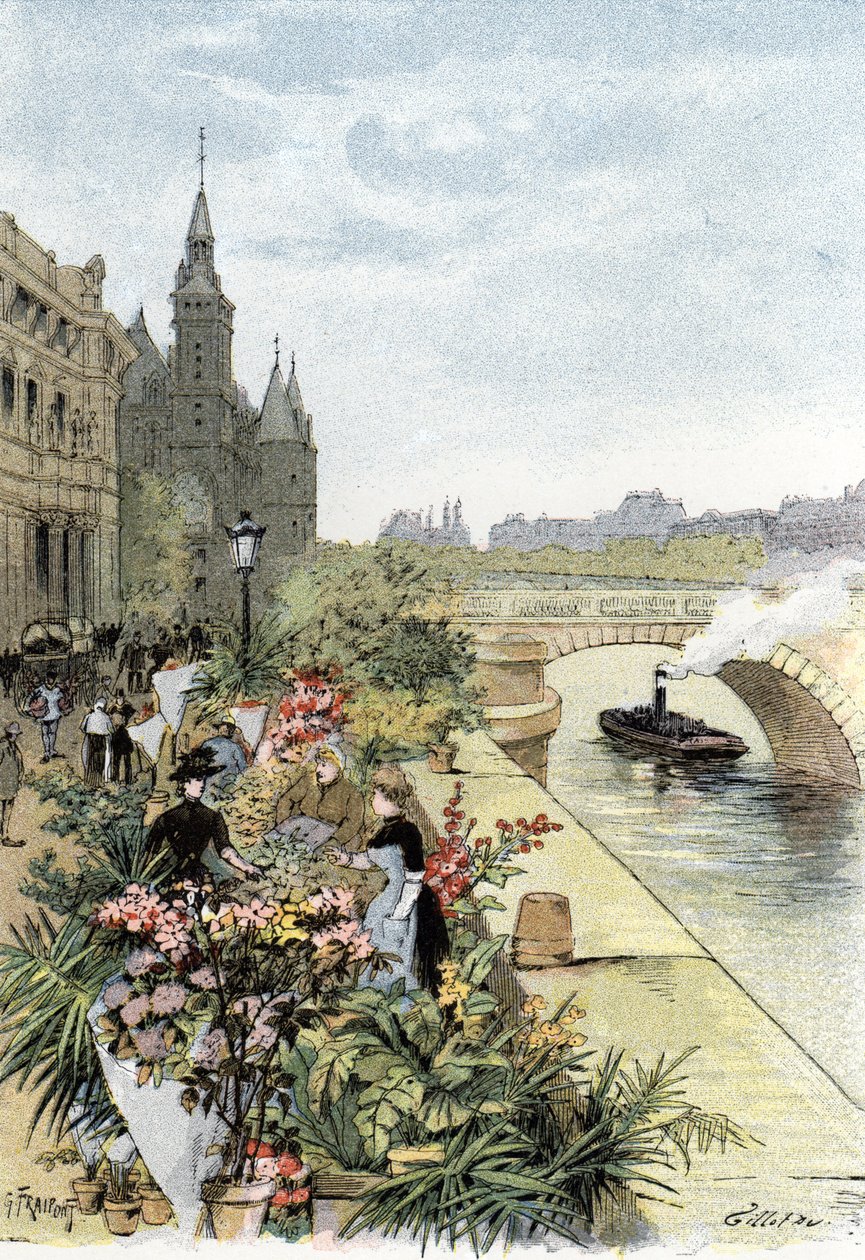 Näkymä kukkatorille, Ile de la Cite, Pariisi Gustave Fraipontin (1849-1923) piirustus Saint-Juirsista tekijältä Gustave Fraipont