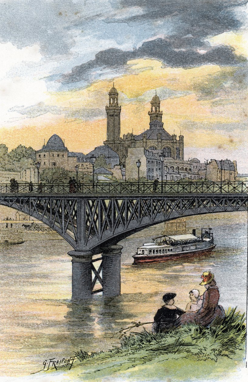 Näkymä Passyn kävelysillalta (nykyisin Bir Hakeimin silta) Pariisissa Gustave Fraipontin (1849-1923) piirustus Saint-Juirsista tekijältä Gustave Fraipont