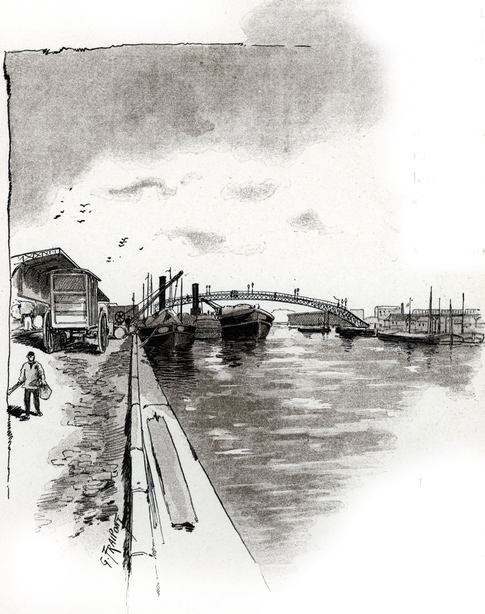 Näkymä Canal de la Villetten kävelysillalle, Pariisi (Canal de la Villetten jalkakäytävä, Pariisi) Gustave Fraipontin (1849-1923) piirustus Saint-Juirsin teoksesta "La seine a travers Paris" tekijältä Gustave Fraipont