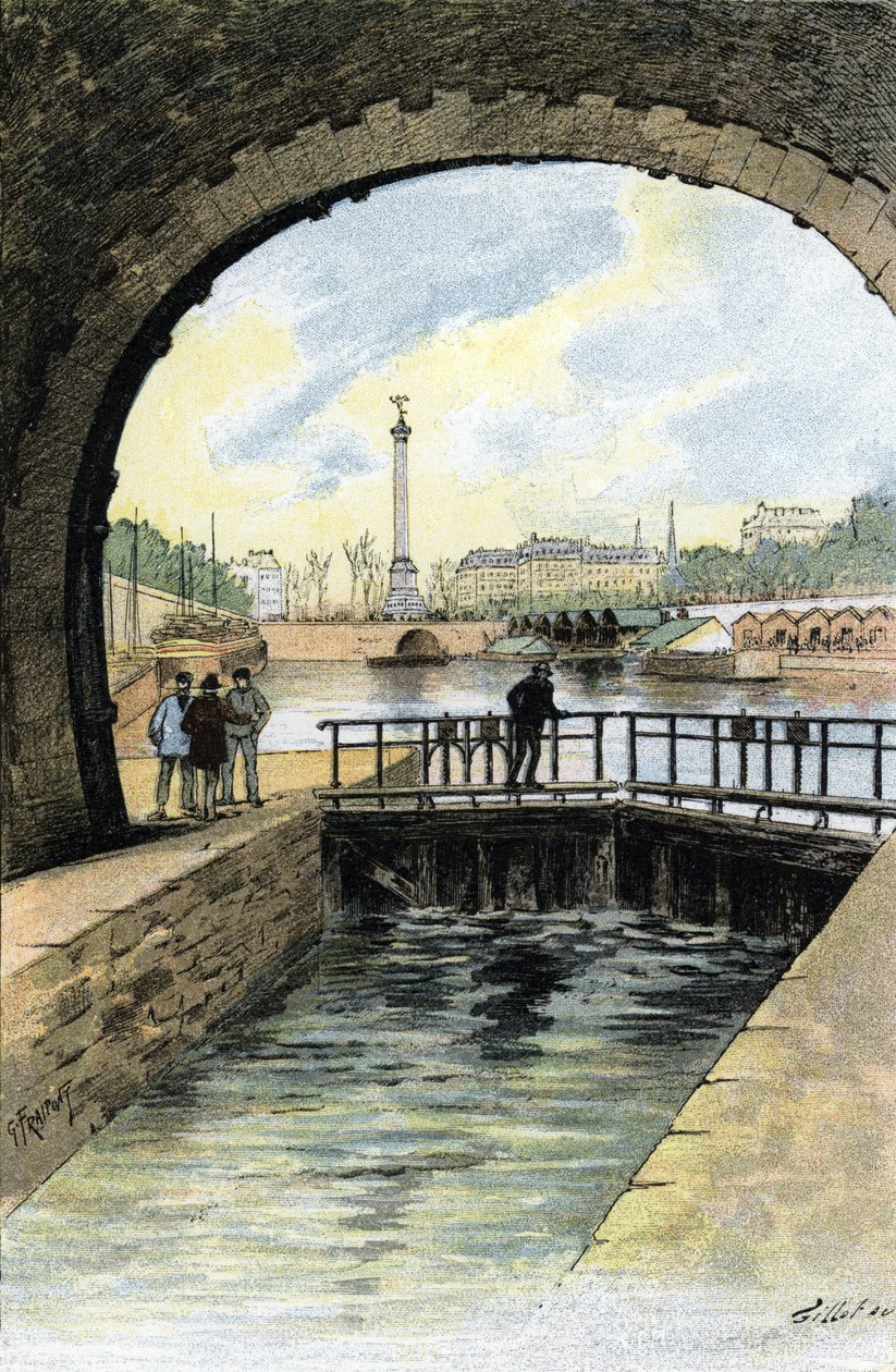 Näkymä Saint Martinin kanavan sulusta Pariisissa Gustave Fraipontin (1849-1923) piirustus Saint-Juirsin teoksesta "La seine a travers Paris" tekijältä Gustave Fraipont