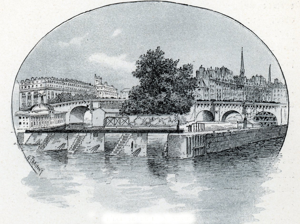 Näkymä Monnaien lukosta, Hotel des Monnaien edessä Pariisissa Gustave Fraipontin (1849-1923) piirustus Saint-Juirsin teoksesta "La seine a travers Paris" tekijältä Gustave Fraipont