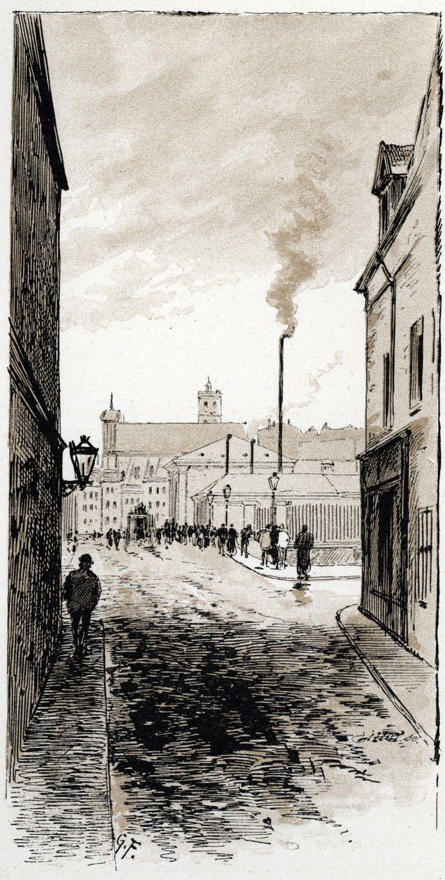Näkymä Pariisin ruumishuoneesta ile de la cite -kadulla, Pariisin piirustus Gustave Fraipont (1849-1923) Saint-Jursista tekijältä Gustave Fraipont
