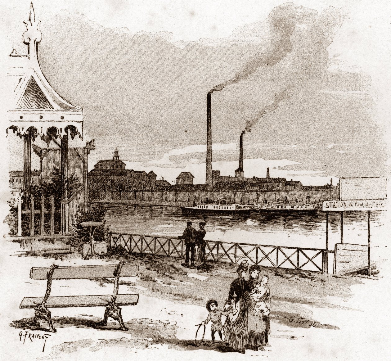 Näkymä quai de Javelille Pariisissa, actuel quai André-Citroen (Näkymä quai Andre Citroenista, entinen quai de Javel, Pariisi) Gustave Fraipontin (1849-1923) piirustus on piirretty Saint- Juirs tekijältä Gustave Fraipont