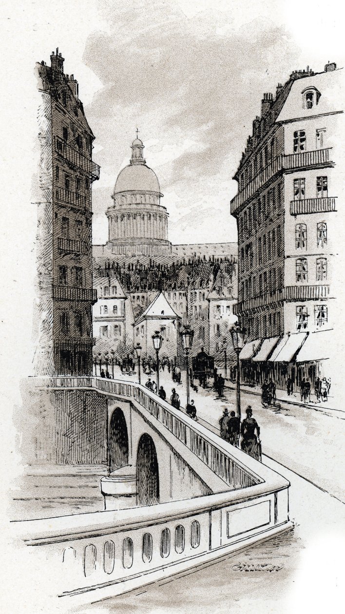 Näkymä rue de Bellaylle ja Pantheonin kupolille, Pariisi (näkymä rue du Bellaylle ja Pantheonin kupolille, 5. kaupunginosa, Pariisi) Gustave Fraipontin (1849-1923) piirustus Saint-Juirsista tekijältä Gustave Fraipont
