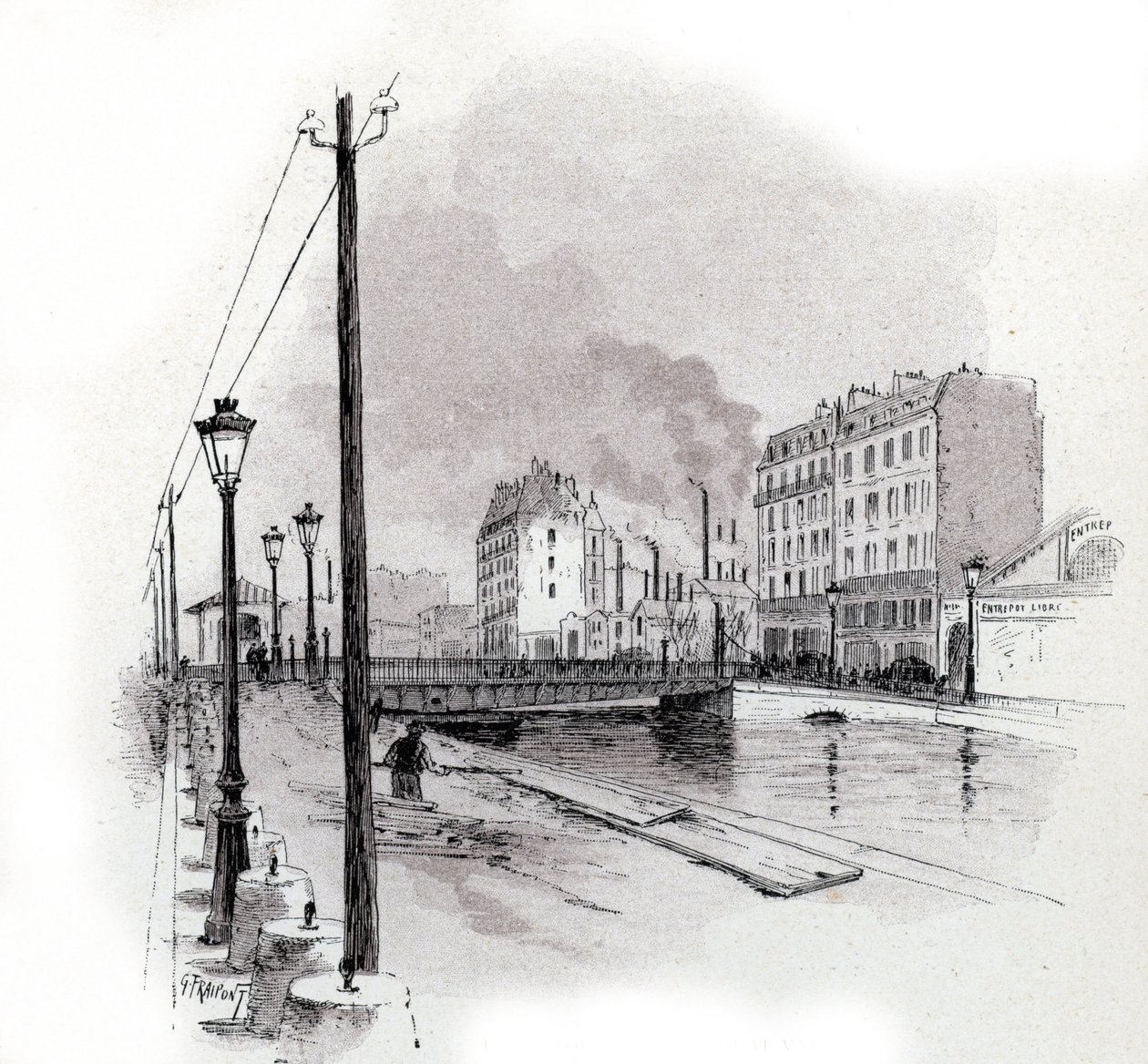 Näkymä quai de Valmyn heiluvasta sillasta Saint Martinin kanavalla, Pariisi Gustave Fraipontin (1849-1923) piirustus Saint-Jursista tekijältä Gustave Fraipont