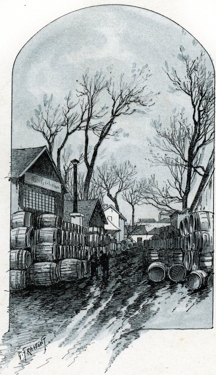Näkymä rue de Sauternesin varastosta, Bercy, Paris (Näkymä rue de Sauternesin varastosta, Bercy, Pariisi) Gustave Fraipontin (1849-1923) piirustus Saint-Juirsin teoksesta "La seine a travers Paris" tekijältä Gustave Fraipont