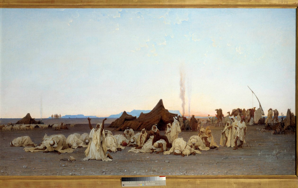Iltarukous Saharan aavikon yksityiskohdassa. Gustave Achille Guillaumetin (1840-1887) maalaus 1863 su. 1,3x2,8 m. Paris, musee d