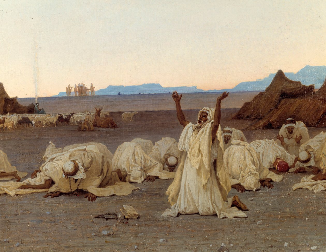 Iltarukous Saharan autiomaassa Tuareg-leirin yksityiskohta. Gustave Achille Guillaumetin (1840-1887) maalaus 1863 su. 1,3x2,8 m. Pariisi, Musee d