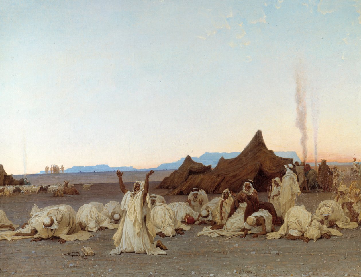 Iltarukous Saharan autiomaassa Tuareg-leirin yksityiskohta. Gustave Achille Guillaumetin (1840-1887) maalaus 1863 su. 1,3x2,8 m. Pariisi, Musee d