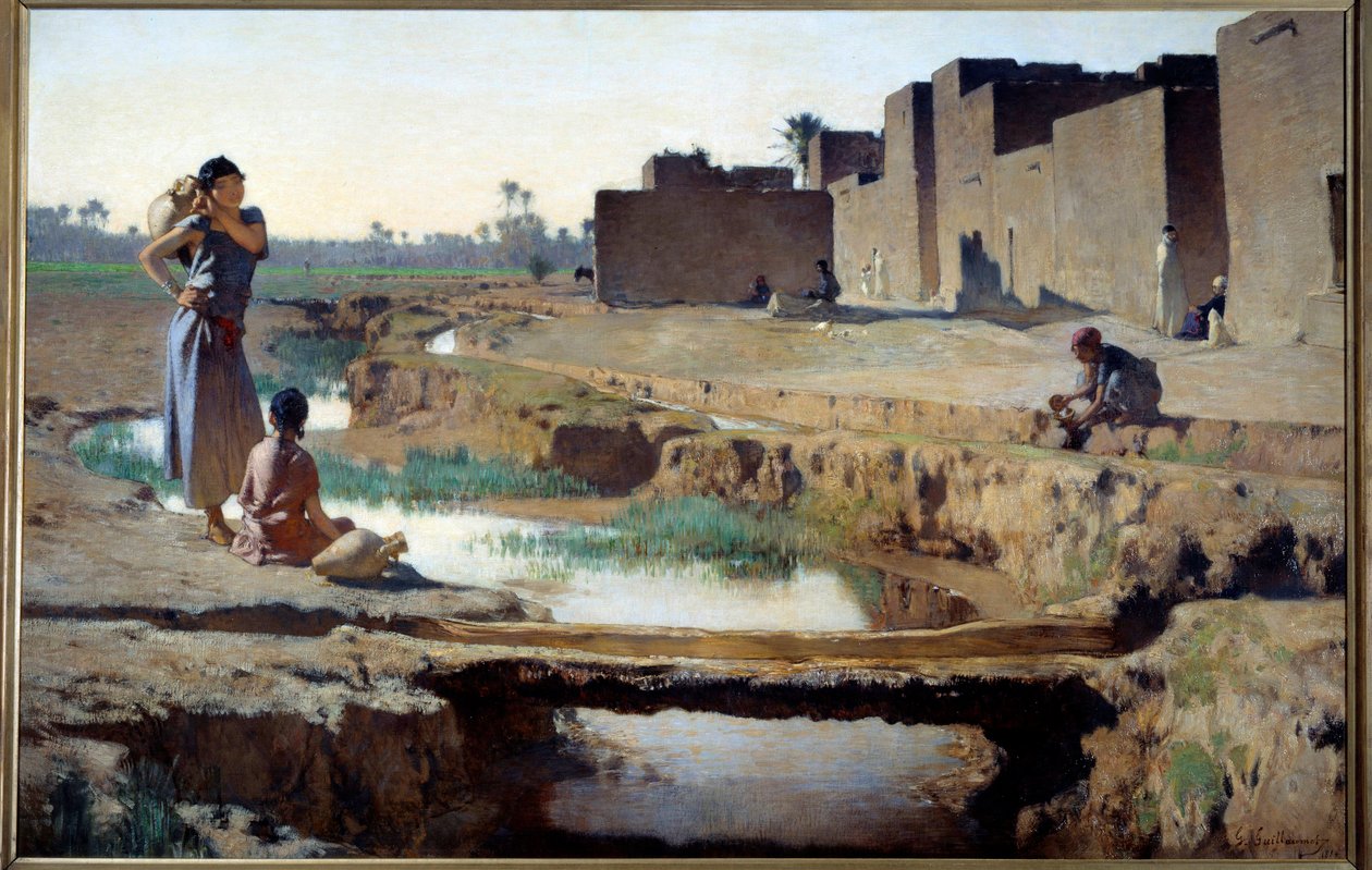 Orientalismi: "" La Seguia lähellä Biskraa"" Nainen ja lapsi ottavat vettä joesta Algerian autiomaassa sijaitsevassa keitaassa. Gustave Achille Guillaumetin (1840-1887) maalaus 1884 Su. 1x1,5 m Pariisi, museo d