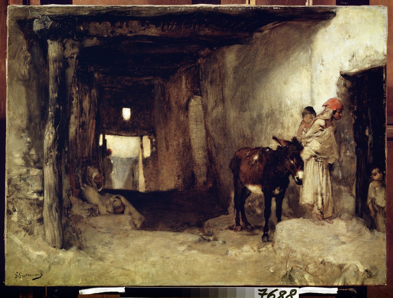 Orientalismi: ""Talo Saharassa"" (A House in the Sahara) Nainen ja hänen lapsensa aasin seurassa. Gustave Guillaumetin (1840-1887) maalaus noin 1880 Pushkin-museo, Moskova tekijältä Gustave Guillaumet