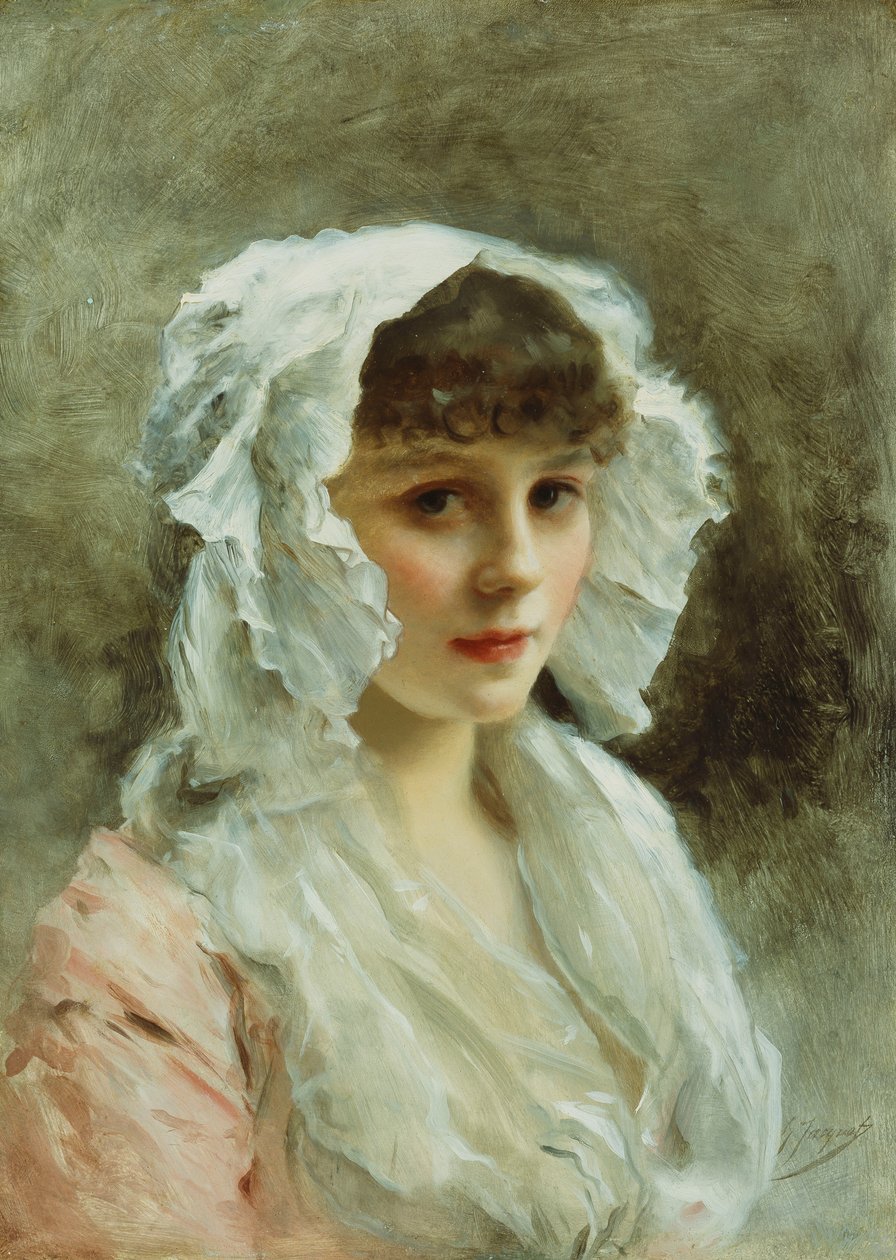Naisen muotokuva valkoisessa konepellissä, tekijältä Gustave Jacquet