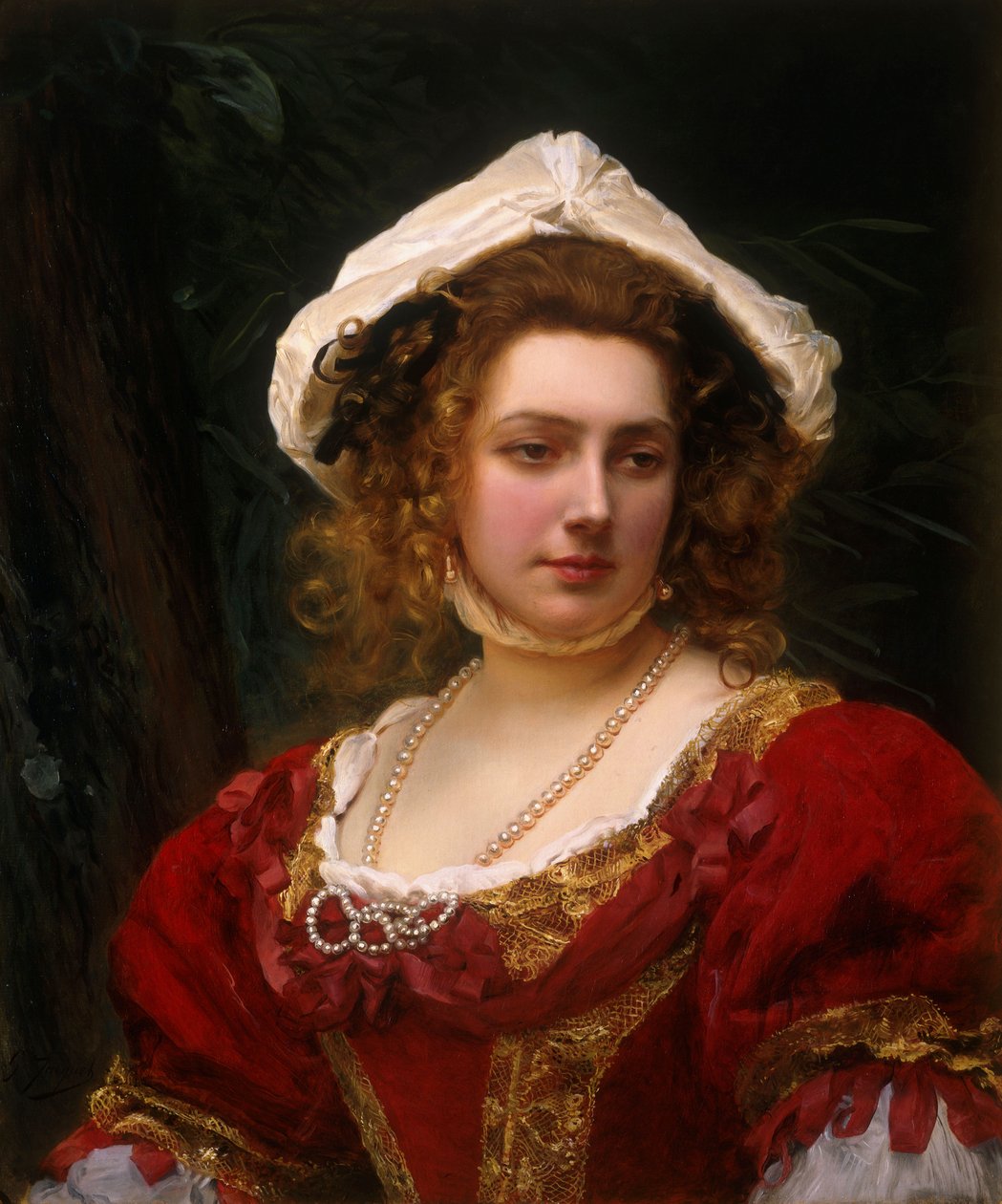 Muotokuva tyylikkäästä naisesta punaisessa samettimekossa tekijältä Gustave Jacquet