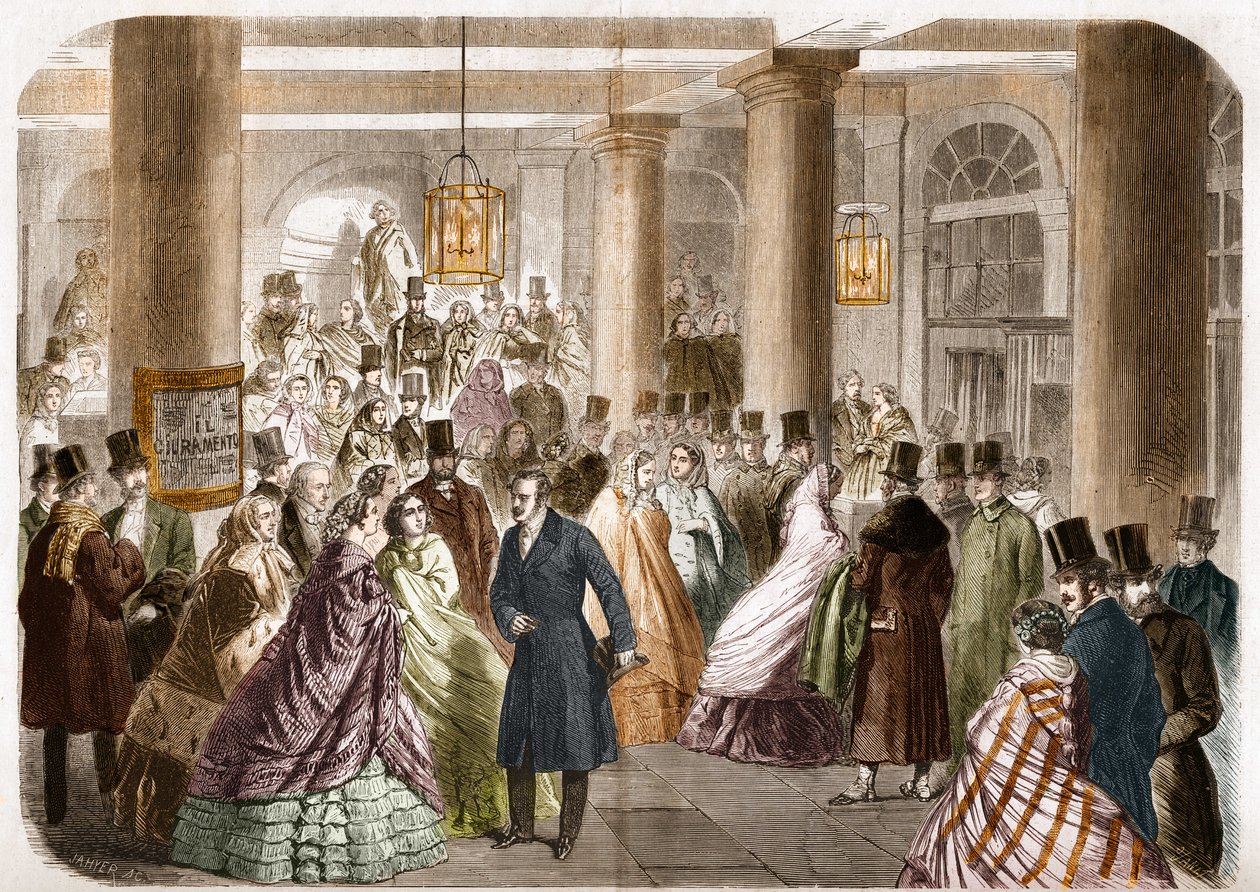 Italialainen teatteri (Salle Ventadour) julkaistiin Pariisissa vuonna 1858. Piirustus Gustave Janet, kaiverrus Jahyer. tekijältä Gustave Janet