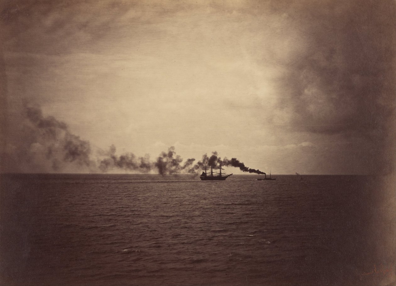 Merimaisema, jossa on purjelaiva ja hinaajavene tekijältä Gustave Le Gray