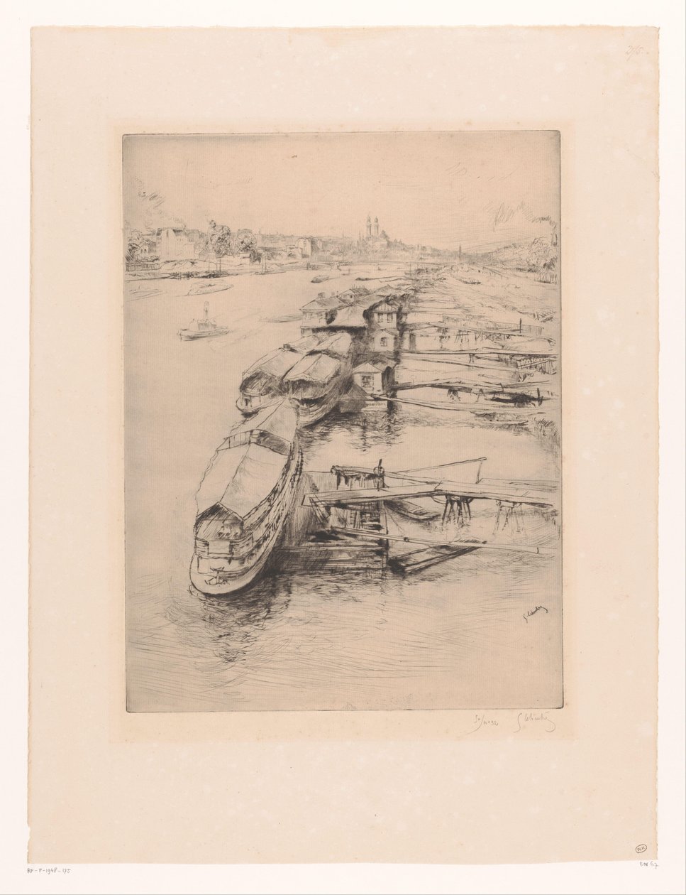 Ankkuroidut veneet Auteuilissa, Pariisissa Les bateaux Parisiens, Auteuil tekijältä Gustave Leheutre (signed by artist)