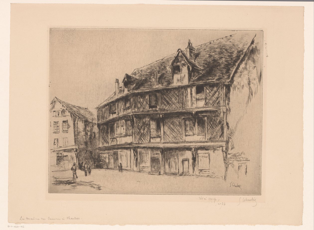 Katu taloineen ja kävelijöiden Chartressa La maison du saumon (Chartres) (otsikko esineessä) tekijältä Gustave Leheutre (signed by artist)