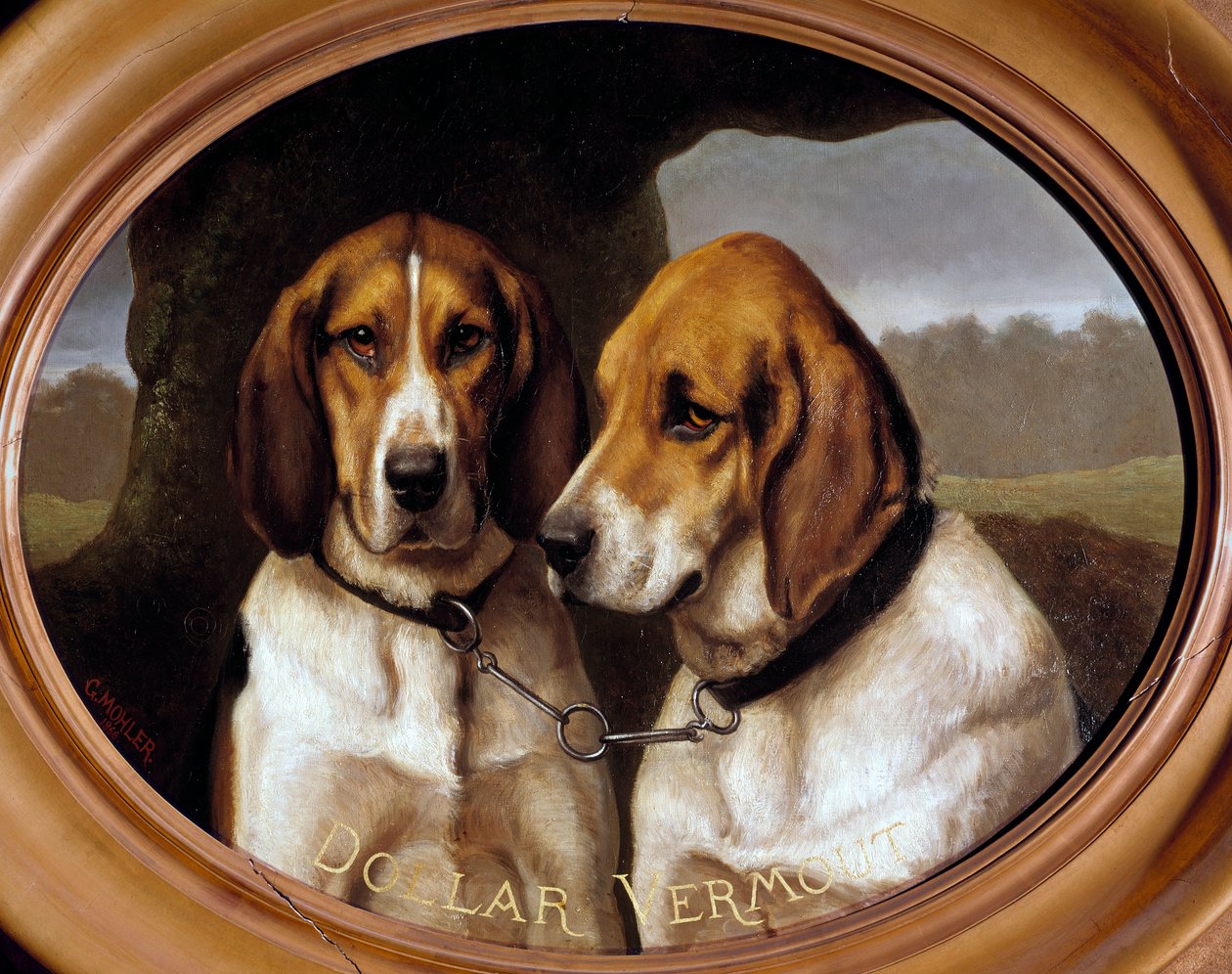 Dogs Dollar ja Vermout Metsästyskoirien muotokuvia. Gustave Mohlerin (1836-1920) maalaus 1866 Gien, Metsästysmuseo. tekijältä Gustave Mohler