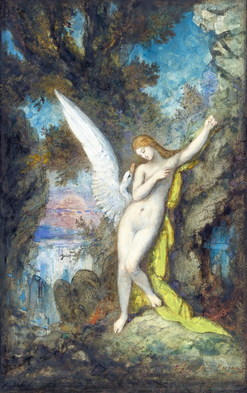 Leda ja joutsen par Moreau, Gustave (1826-1898), - Akvarelli, Guassi paperille, 34,2x22,2 - Yksityiskokoelma tekijältä Gustave Moreau