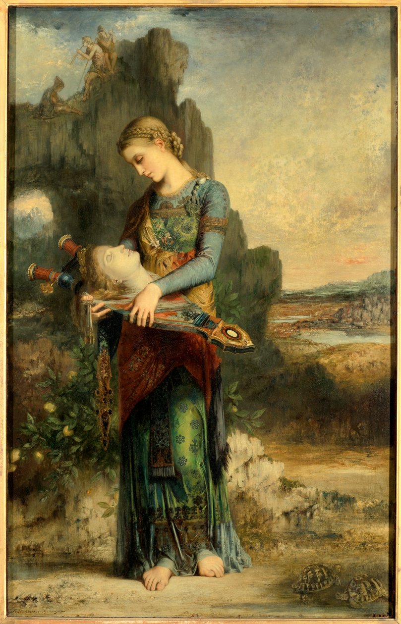 Orphee Traakalaisella tytöllä on Orfeen pää. Gustave Moreaun (1826-1898) maalaus. 1865, öljy puulle, Dim. 1,54x0,99 m Pariisi, Musee d